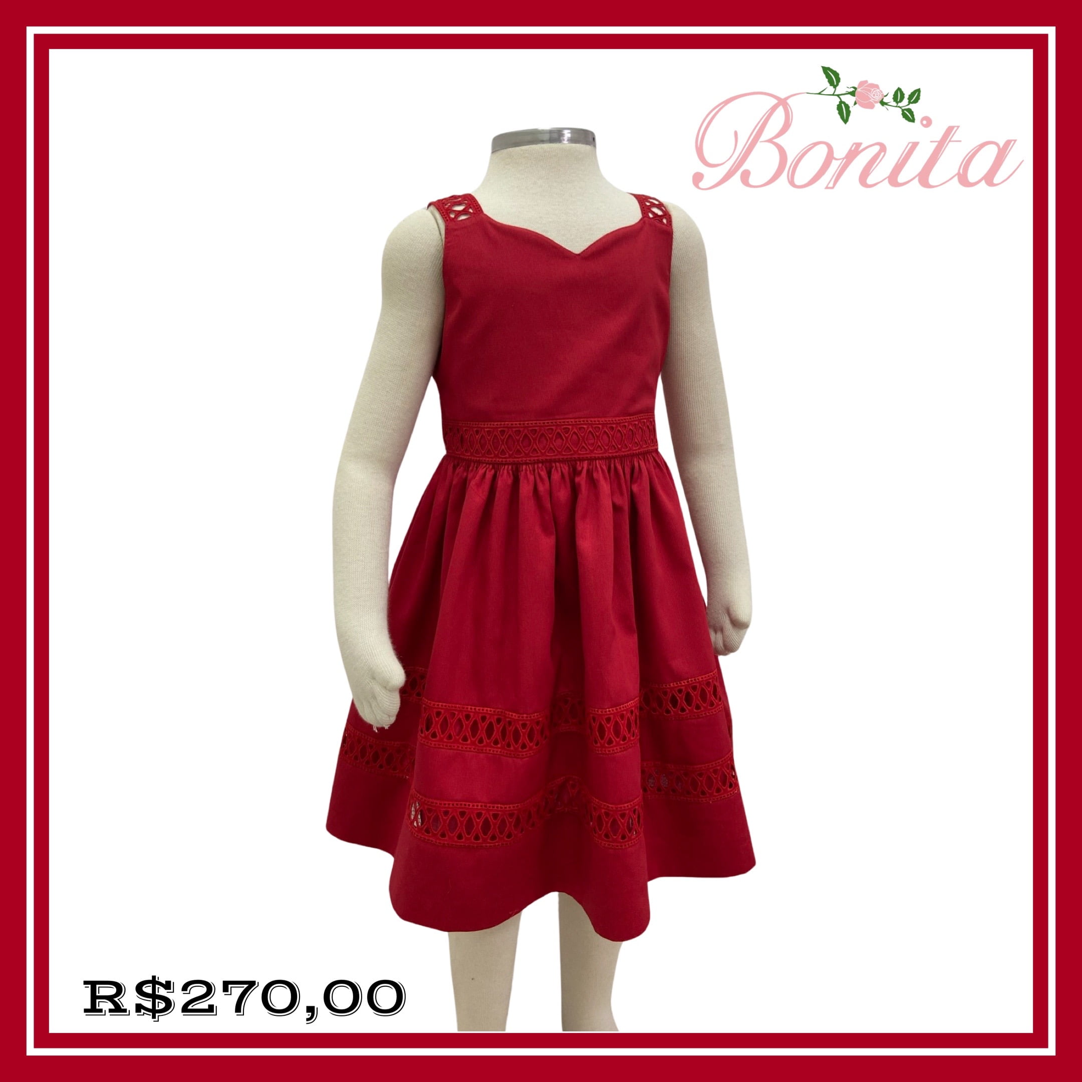  Vestido vermelho alça bordado inglês 